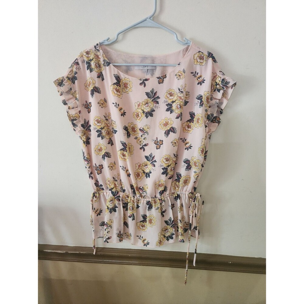 LOFT Pink Floral Blouse with Yellow and Green Accents